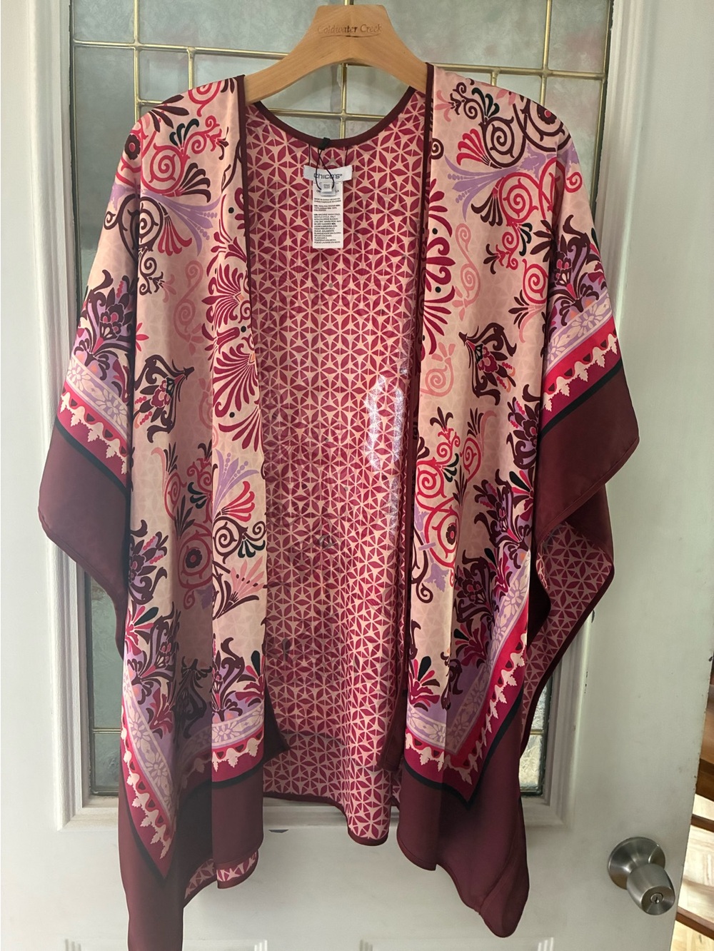 Chico's Pink and Burgundy Floral Open-Front Kimono